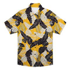Black & White Tropical Leaf Print Yellow Hawaiian Shirt