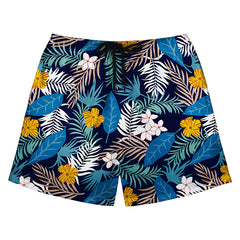 Navy Tropical Floral & Leaf Print Men's Swim Trunks