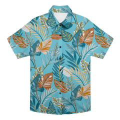 Light Blue Tropical Leaf Print Casual Aloha Shirt
