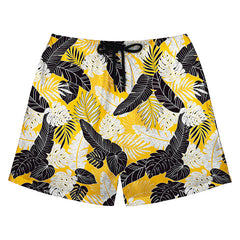 Black & White Tropical Leaf Print Yellow Swim Shorts