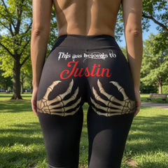 Edgy Skeleton Hand Print Black Leggings - "This Ass Belongs To" Gothic Graphic Yoga Pants - Spooky Season Streetwear