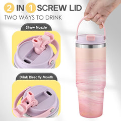 Pink Marble Insulated Tumbler with Handle & Flip Straw, Double Wall Stainless Steel Water Bottle for Gym, Travel & Everyday Use