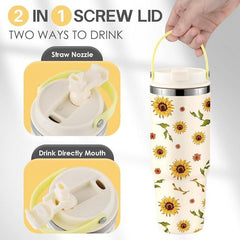 Sunflower Print Insulated Water Bottle with Straw & Handle, Leakproof Stainless Steel Tumbler for Hot/Cold Drinks, Boho Floral Design