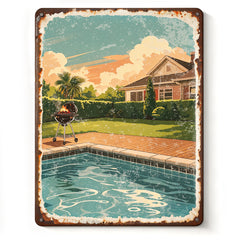Custom Personalized Vintage Backyard Pool BBQ Grill Metal Tin Sign