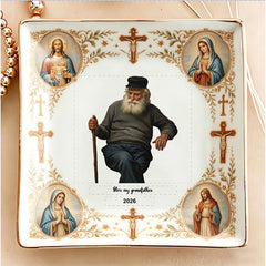 Personalized Religious Blessing Jewelry Dish - Custom Portrait Ceramic Tray with Catholic Iconography