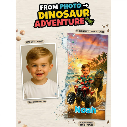 Personalized Dinosaur Beach Towel, Custom Dinosaurs Kids Towel, Boy Summer Gift. Boys Gifts.