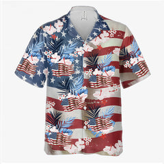 USA Star Stripe Hibiscus Tropical Aloha Shirt
