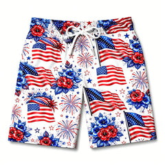 USA Flag Hibiscus Firework Hawaiian Print Men's Board Shorts
