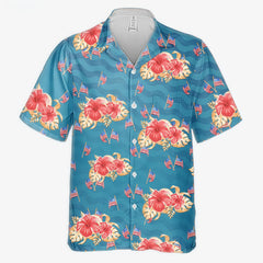 Teal Tropical Hibiscus & Mini US Flag Beach Shirt