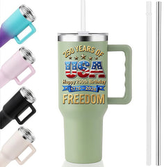 40oz Tumbler With Handle | Happy 250th USA Birthday 1776-2026 Stars Stripes Eagle Freedom Patriotic Gift Cup