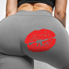 Custom Name Tan Leggings – Personalized High Waist Yoga Pants with Lips & Assault Rifle Graphic for Women