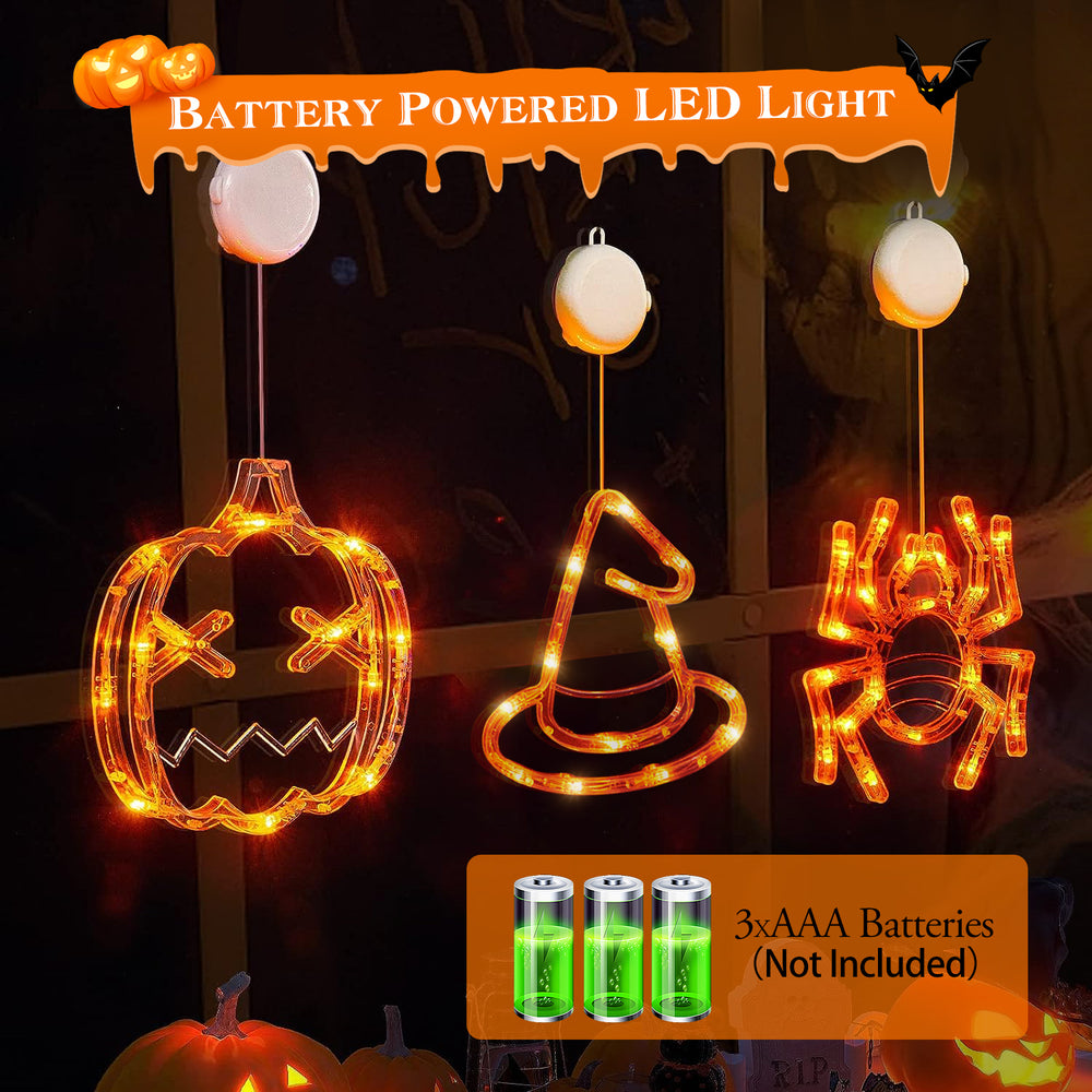 3 pack lighted window hangings in spider, witch hat and pumpkin - product photo 3 of 10