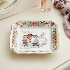 Custom Photo Ceramic Trinket Tray with Elegant Floral and Phoenix Bird Border-Our stoty love