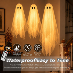 three hanging ghosts with remote timed LED lights - product photo 2 of 8