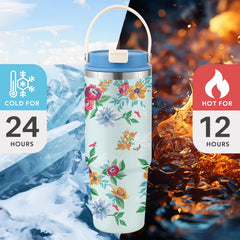 Floral Insulated Water Bottle with Straw Lid & Handle, Stainless Steel Leakproof Tumbler for Iced Drinks, Summer Floral Print