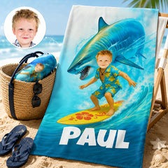 Personalized Shark Beach Towel for Kids, Custom Face Pool Towel, Boys Summer Gift, Surfing Shark Towel with Name, Birthday Beach Gift.