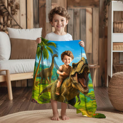Personalized Dinosaur Blanket with Child’s Photo and Name, Custom Dino Riding Design for Kids.