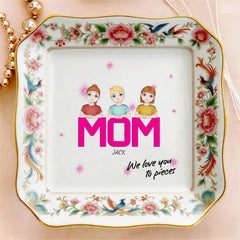 Custom Photo Ceramic Trinket Tray with Elegant Floral and Phoenix Bird Border - Mom we love you to pieces
