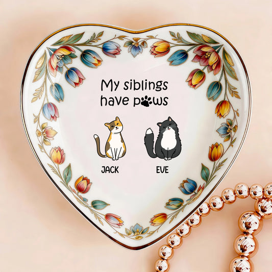 Custom Photo Ceramic Trinket Tray with Colorful Tulip Floral Border-My siblings have paws