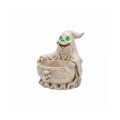 Ghost holding a bat shaped candy dish on a plain background, front view, showing the carved bat on the bowl