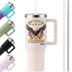 40oz Large Handle Tumbler | 250 Years Of Freedom Bald Eagle Dual American Flag Custom Family Name 1776-2026 Patriotic Stainless Steel Mug