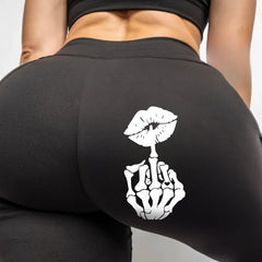 Customized Name Tan Leggings – Personalized Yoga Pants with Skeleton Finger & Kiss Graphic for Active Women