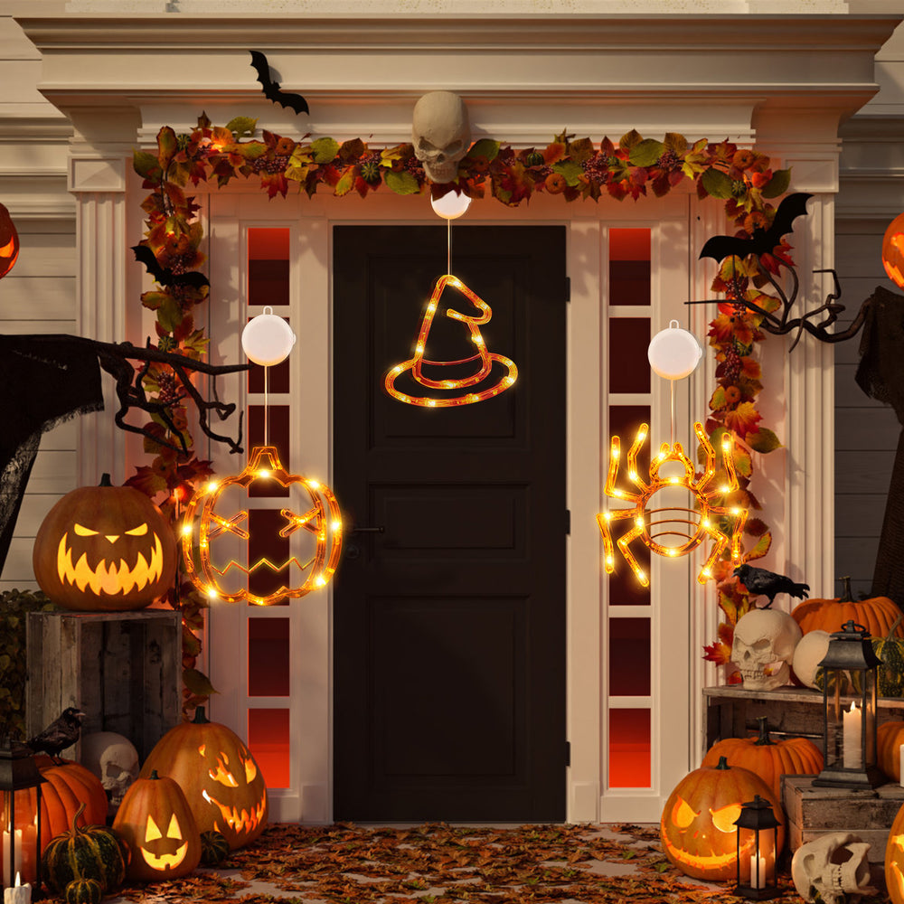 3 pack lighted window hangings in spider, witch hat and pumpkin - product photo 8 of 10