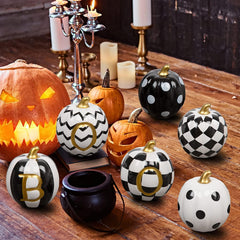 six ceramic pumpkins in black and white with gold stems - product photo 6 of 6