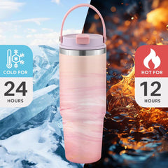 Pink Marble Insulated Tumbler with Handle & Flip Straw, Double Wall Stainless Steel Water Bottle for Gym, Travel & Everyday Use