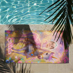 Personalized Unicorn Princess Beach Towel with Child Face & Name, Fantasy Girl Pool Towel Gift.