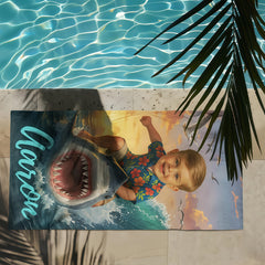Personalized Shark Beach Towel with Child Face & Name, Funny Summer Kid Gift, Vacation Gift.