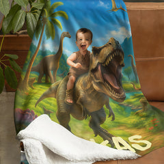 Personalized Dinosaur Blanket with Child’s Photo and Name, Custom Dino Riding Design for Kids.