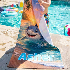 Personalized Shark Beach Towel, Custom Baby Photo Towel with Name, Summer Gift for Kids.
