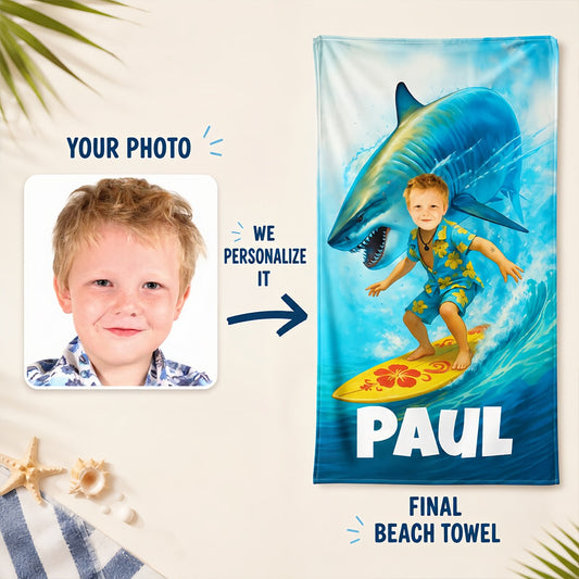 Personalized Shark Beach Towel for Kids, Custom Face Pool Towel, Boys Summer Gift, Surfing Shark Towel with Name, Birthday Beach Gift.