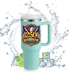 40oz Insulated Tumbler | USA 250th Anniversary Bald Eagle Golden Badge 1776-2026 Patriotic Large Capacity Travel Water Cup
