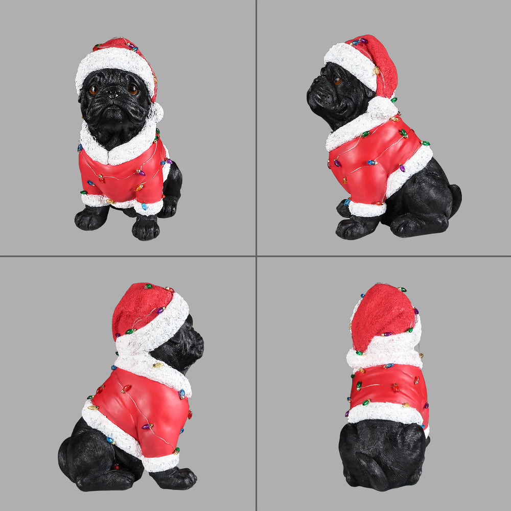 Four views of the Pug Christmas statue on a gray background, showing the front, side and back of the red Santa coat