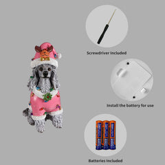 Panel showing what is included with the Poodle statue: the batteries, the small screwdriver and the cover plate on the underside of the base
