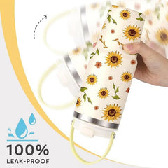 Sunflower Print Insulated Water Bottle with Straw & Handle, Leakproof Stainless Steel Tumbler for Hot/Cold Drinks, Boho Floral Design