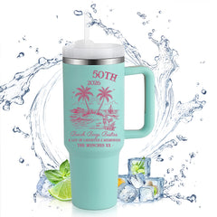 40oz Handle Tumbler | 50th Birthday 2026 Beach Booze Besties Tropical Palm Tree Custom Insulated Travel Cup For Girls Trip Best Friend Gift