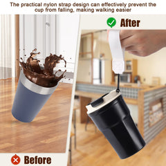 Stainless Steel Insulated Coffee Tumbler with Flip Lid & Carry Strap, 350ml Leakproof Travel Mug for Office, Camping & Commute, Matte Black