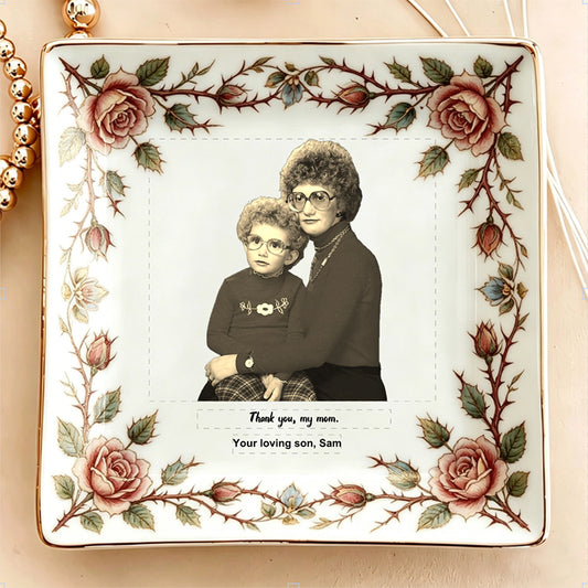 Custom Vintage Floral Jewelry Dish - Personalized Mother & Son Photo Ceramic Tray with Elegant Botanical Border