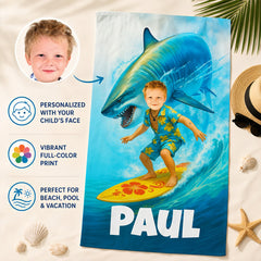 Personalized Shark Beach Towel for Kids, Custom Face Pool Towel, Boys Summer Gift, Surfing Shark Towel with Name, Birthday Beach Gift.