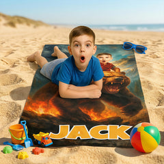 Personalized Kids Beach Towel with Face and Name, Bear Adventure Boy Gift, Bear Towels.