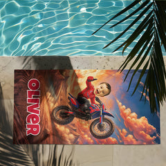 Personalized Motocross Beach Towel with Child Face & Name, Dirt Bike Kid Gift, Custom Motocross.
