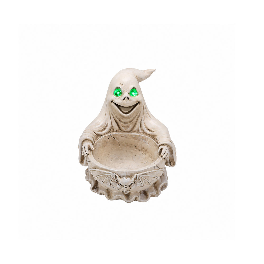 LED ghost treat bowl Halloween decor on a plain background, three quarter view, with the ghost leaning over the dish