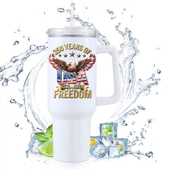 40oz Handle Travel Mug | 250 Years Of Freedom Eagle USA Flag Wings 1776-2026 Independence Day Reusable Stainless Steel Tumbler