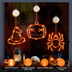 3 pack lighted window hangings in spider, witch hat and pumpkin One Size