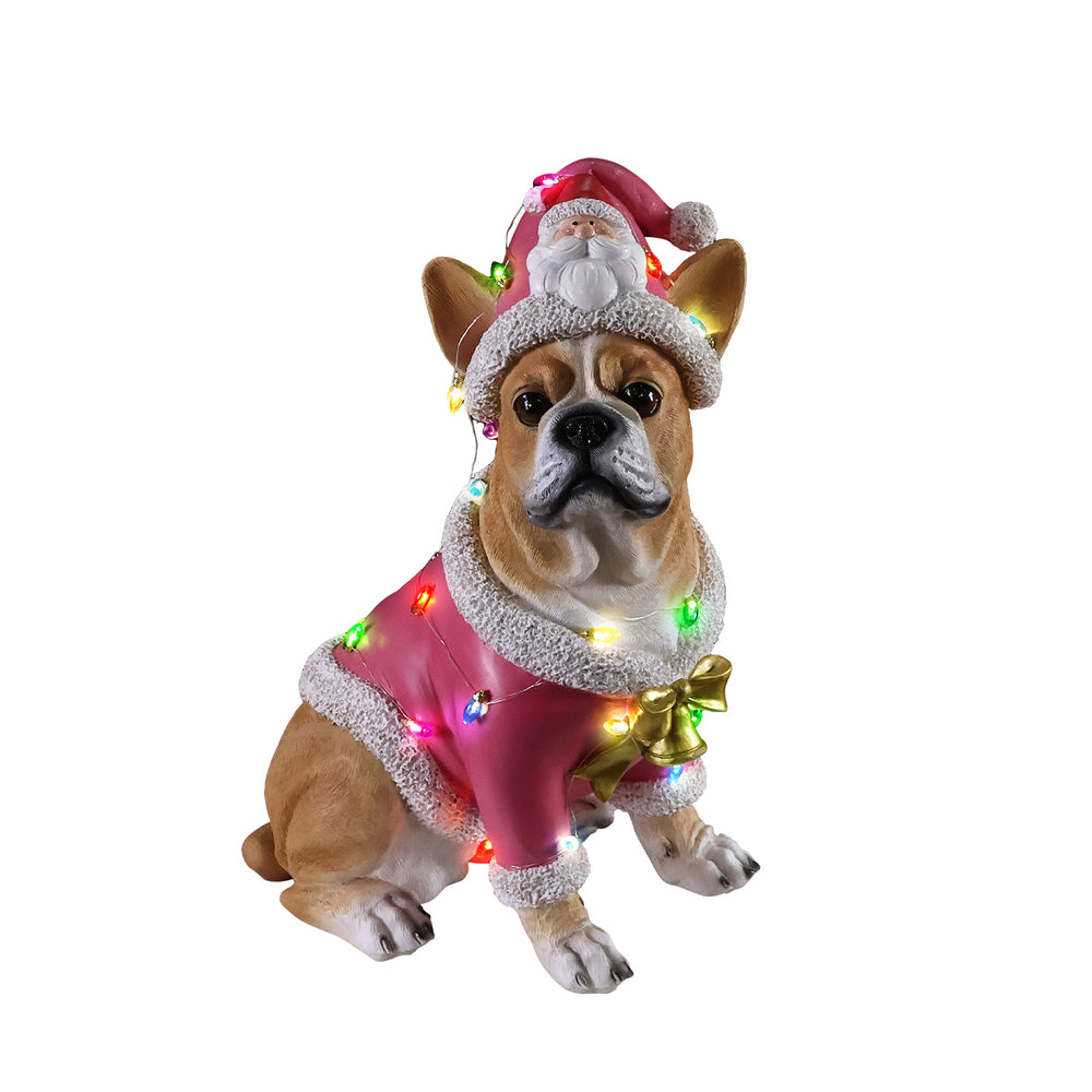 French bulldog Christmas statue on a plain background, side view, showing the coat down its flank