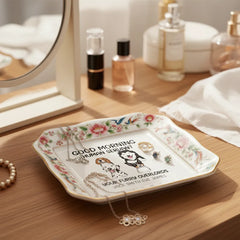 Custom Photo Ceramic Trinket Tray with Elegant Floral and Phoenix Bird Border-Good morning, human servant