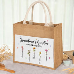 Grandma's Garden - Family Personalized Custom Tote Gift Bags, Jute Tote Bags, Beach Bags - Gift For Mom, Grandma